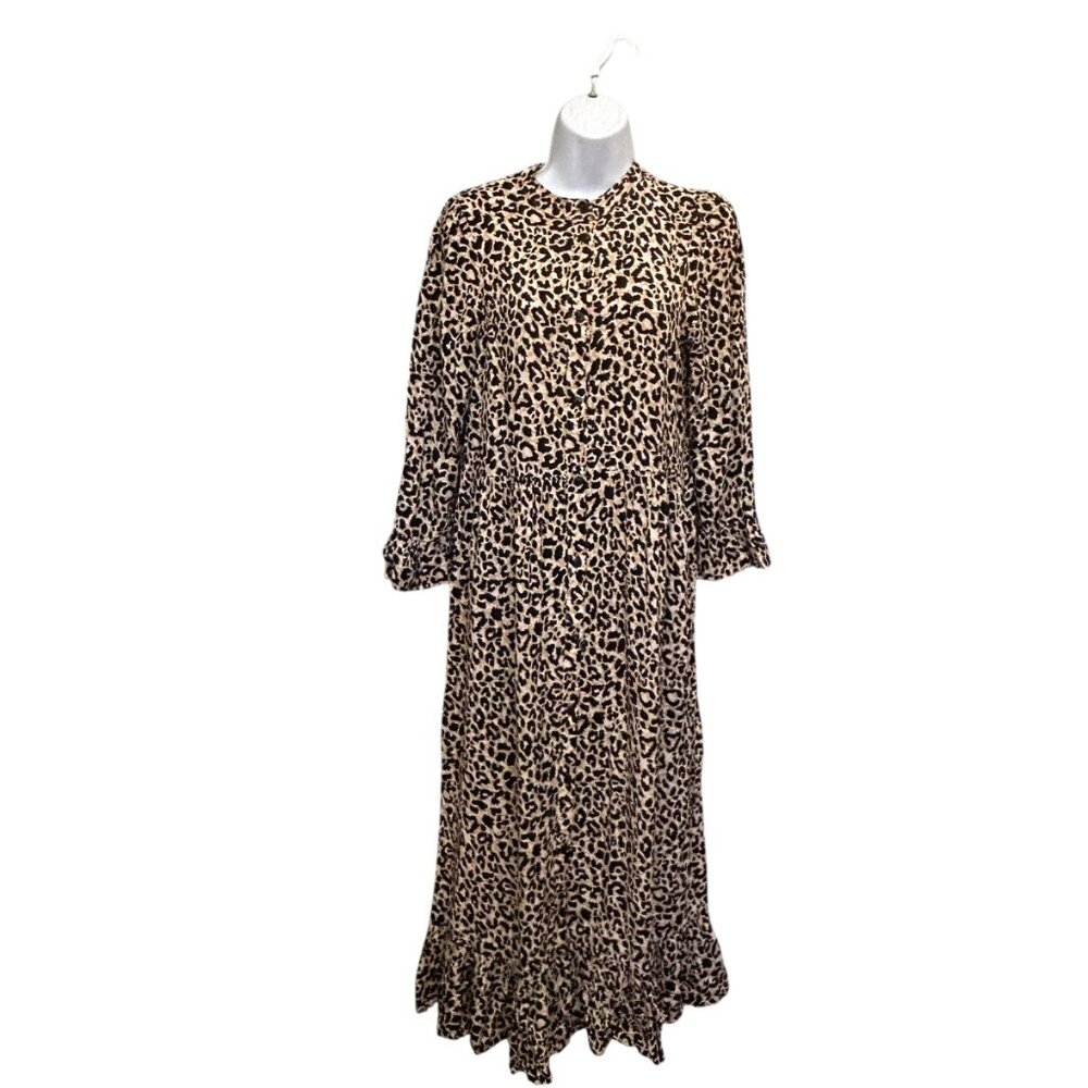 ASOS DESIGN Long Sleeve Smock Midi Dress With Buttons In Leopard Print Size 4